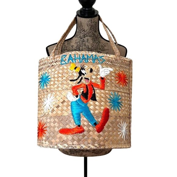 Disney Handbags - Vintage Bahamas Woven Straw Tote Disney's Goofy Embroidery Floral Lining NWOT